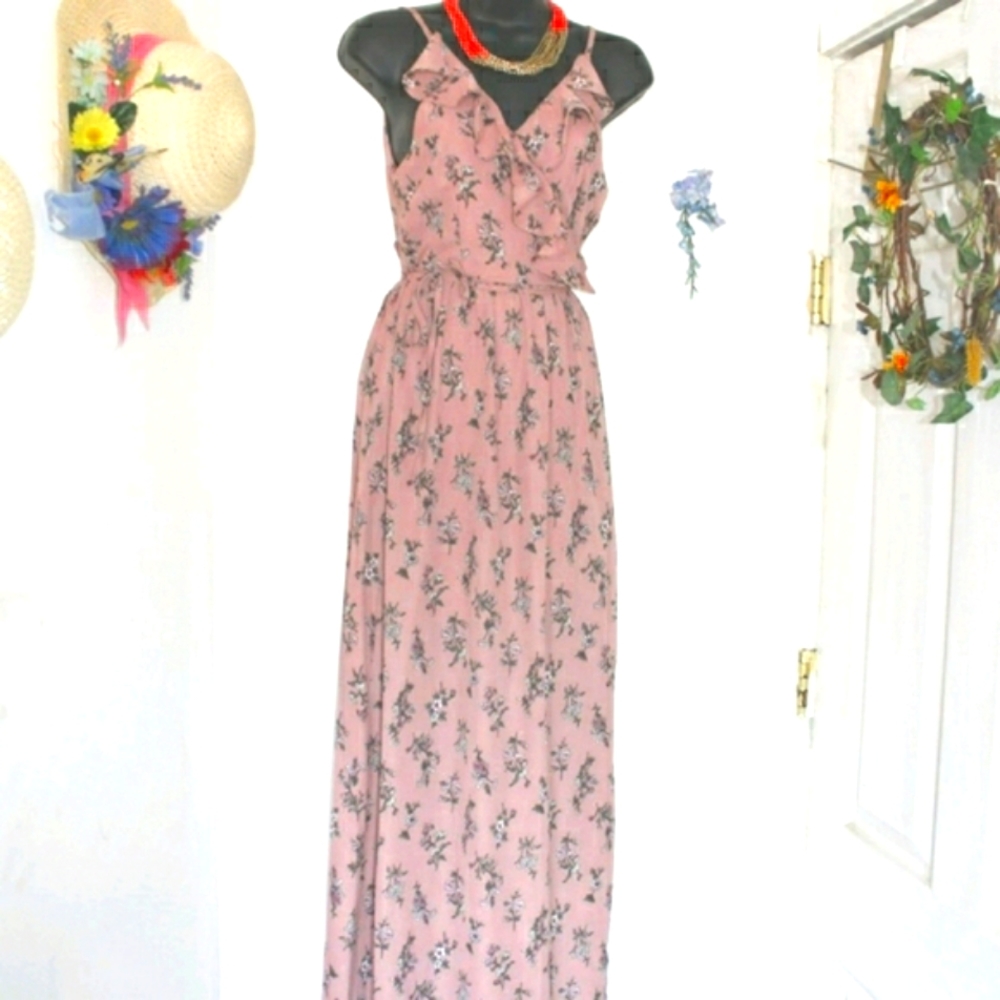 Pink Floral gown with ruffled Xover Top